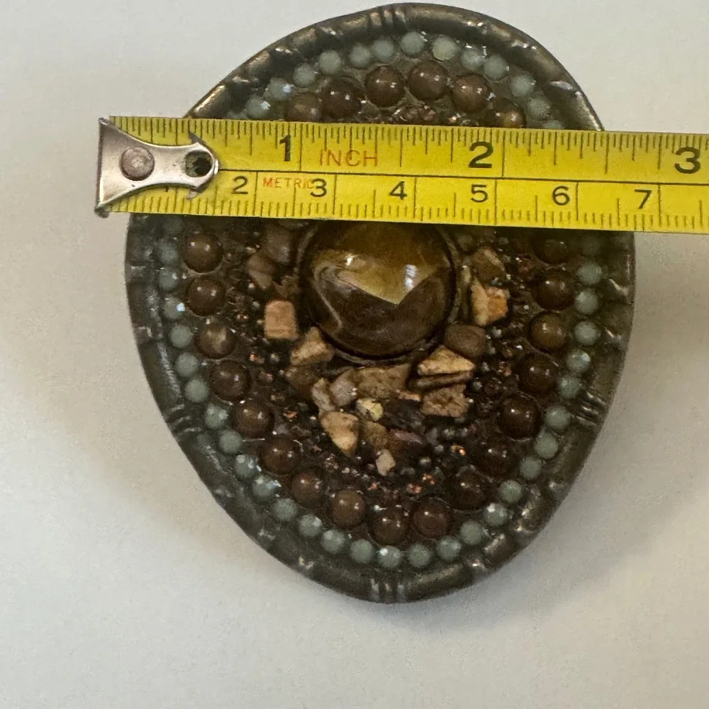 Vintage Mosaic Stone Belt Buckle Western Boho Tiger Eye Cabochon Bronze Oval